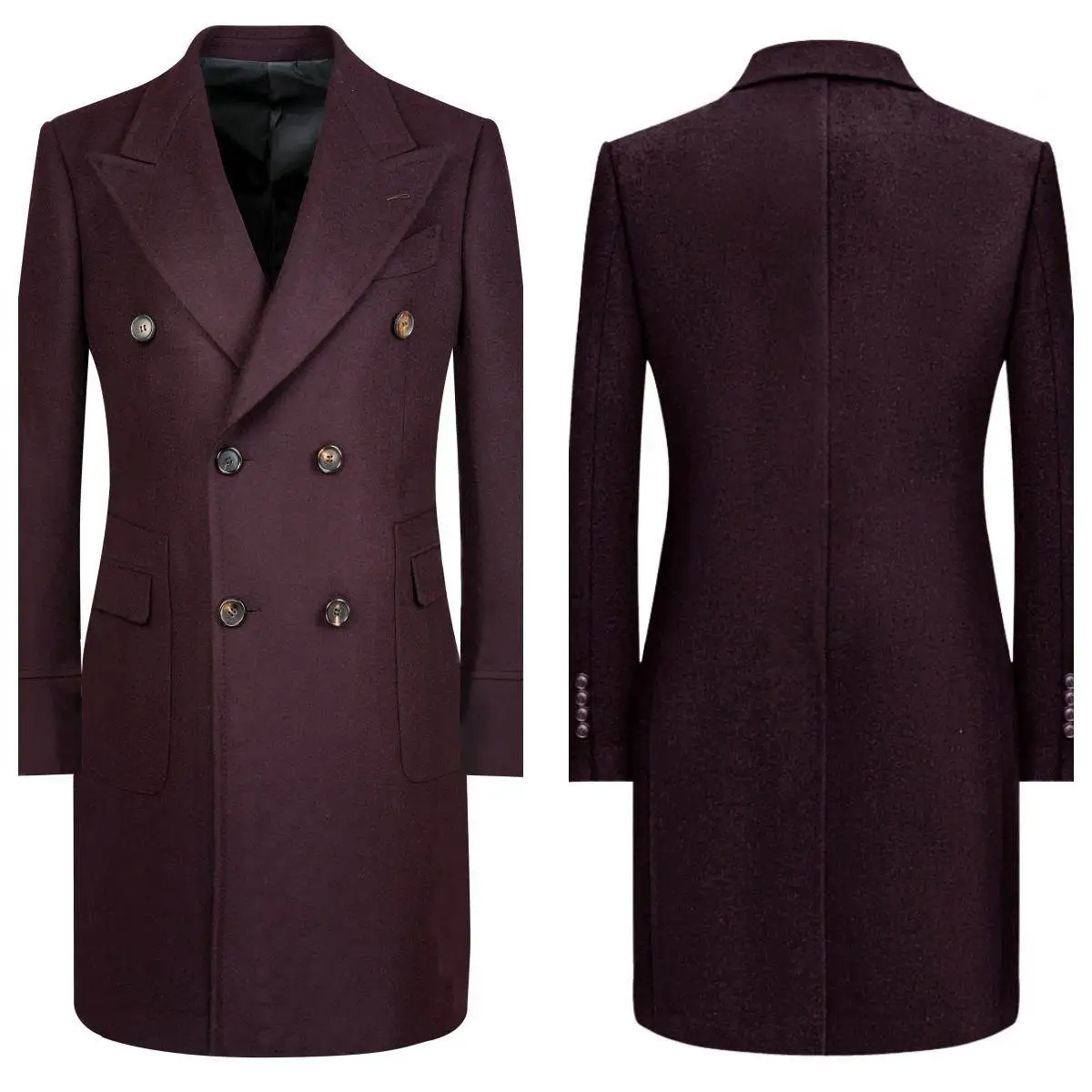 Burgundy Men's Suit Jackets Custom Made Woolen Blend Trench Coat Long Plus Size Groom Tuxedos Outwear Double Breasted Overcoat