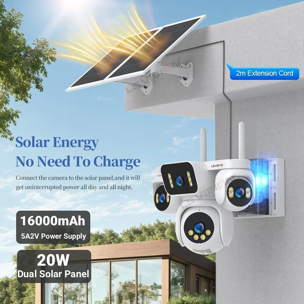 LS VISION 10K AOV 4G Cloud SIM Solar Camera Four Screens Outdoor 12X Optical Zoom Battery Solar Security Camera 24/7 Recording