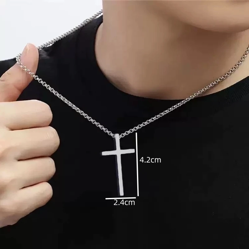 Hip Hop Trend Cross Pendant Necklace for Men Simple Punk Silver Color Titanium Steel Chain Versatile Street Jewelry Accessories image 2