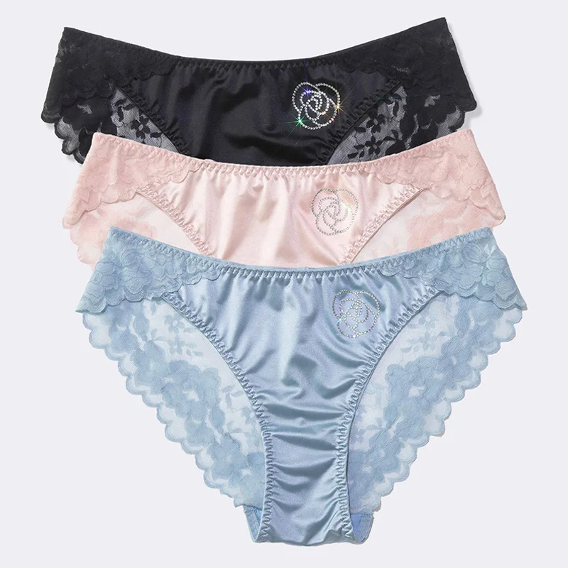 Culotte Sexy en Dentelle de Style Français pour Femme, en Satin, Confortable, Sans Couture, Décorations en Diamant, Slip Respirant