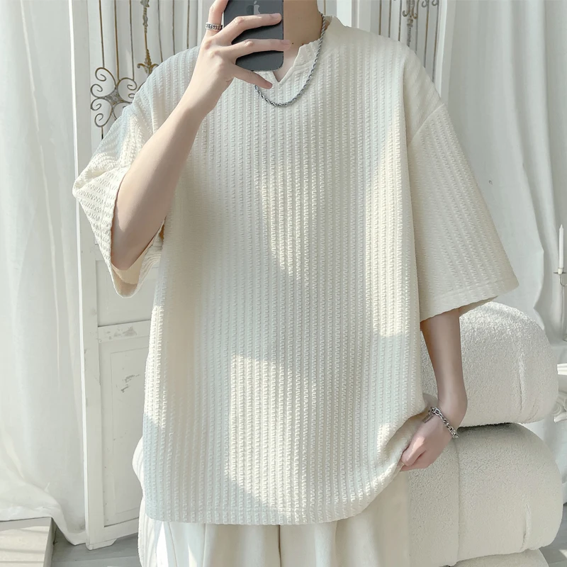 

Мужская летняя футболка с V-образным вырезом и коротким рукавом, свободного кроя, в американском стиле, модная, молодежная, трендовая, с текстурной тканью