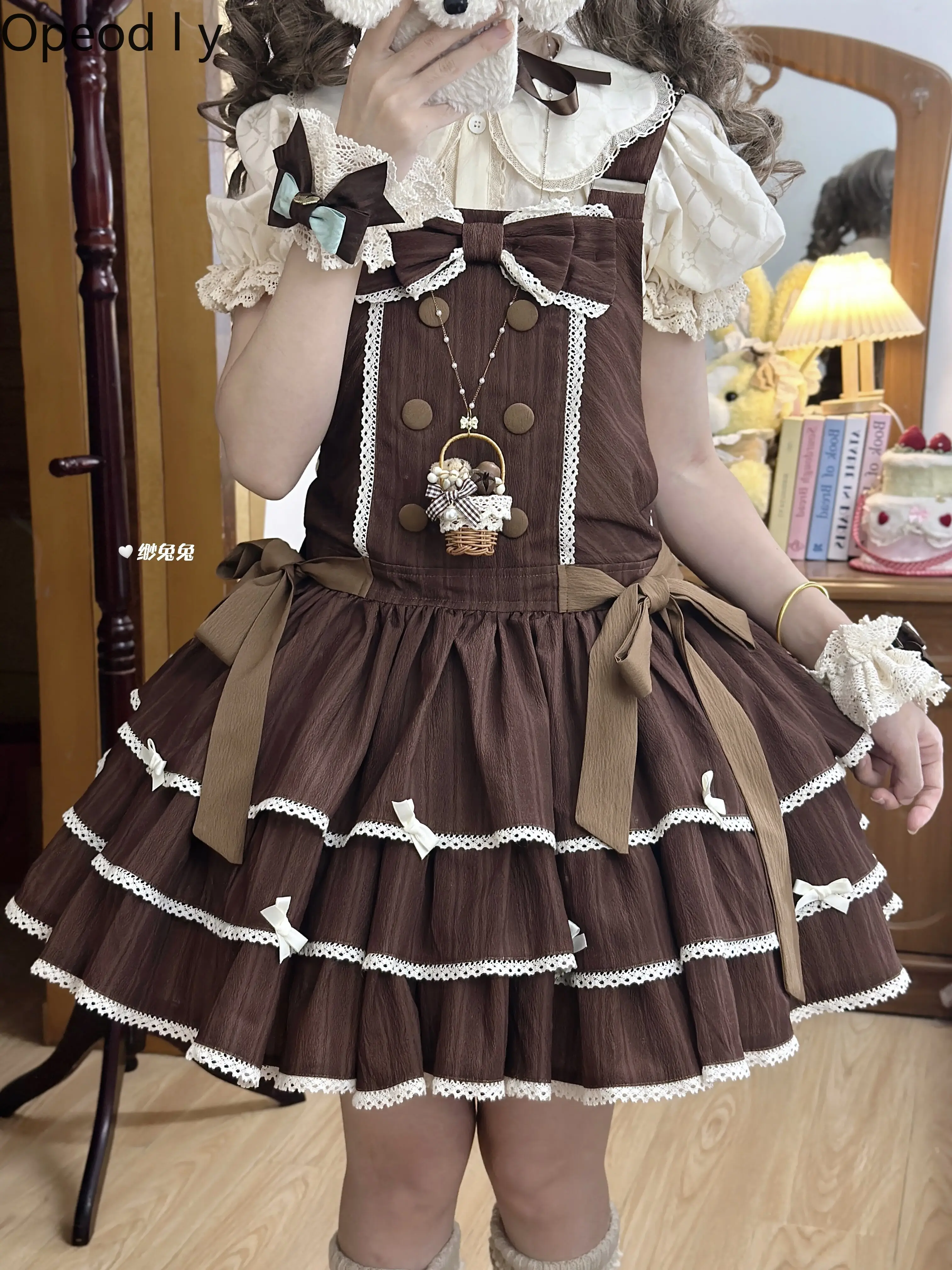 

Lolita Three-piece Cotton Cloth Cute Strap Skirt Doll Feeling Striped Suspender Dress Summer Sweet Bow Girls Princess Cake Dress