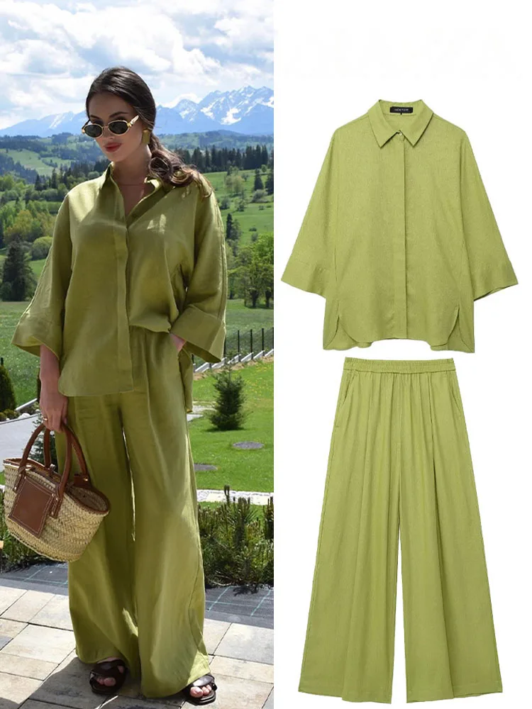 

HH женский комплект из 2 предметов, однотонная однобортная блузка с разрезом по подолу, топ + элегантный эластичный пояс с карманами и складками, украшенные широкие брюки