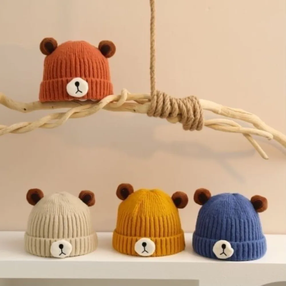 Knit Material Bear Ears Knit Hat Warm Lining Cartoon Design Cartoon Beanie Cap Pullover Style Soft Fabric Infant Beanie