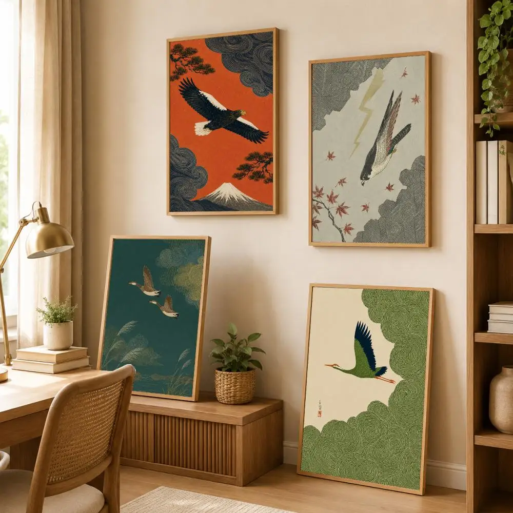 Japanese Crane in Swirling Cloud Skies Calligraphy Canvas Painting for Bedroom Living Room Home Decor Decoration Decals Gift