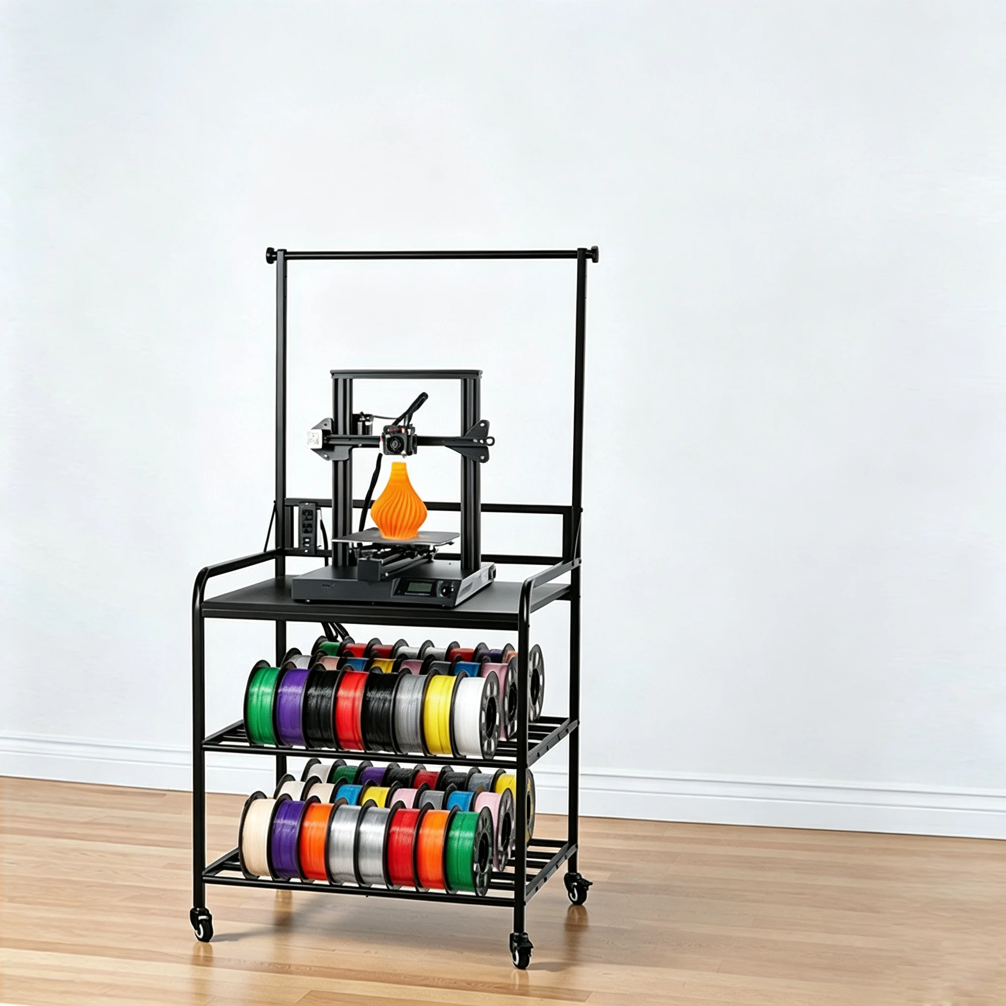 3D Printer Filament Storage Rack, Sturdy Heavy Duty 3D Printing Table with filaments rack, Spools Holder Racks Cart with Wheels