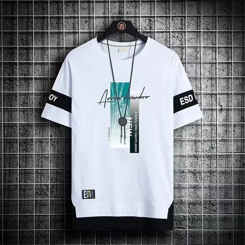 Summer Hot Selling Men's 3D Letter Print Short Sleeve Color Block T-shirt Daily Casual Versatile Tops Trend Men Streetwear Tops
