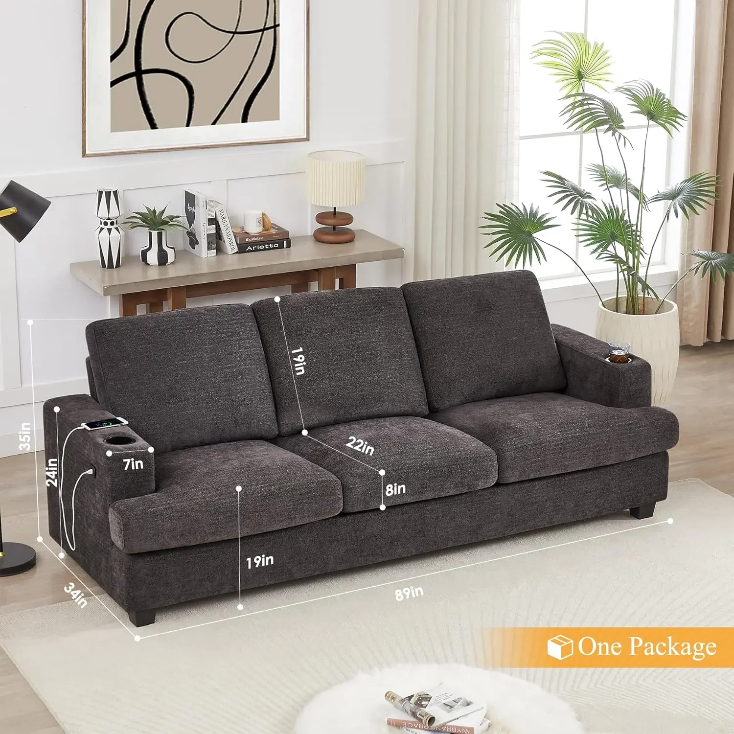 

89" Sofa, Comfy Sofa Couch with Extra Deep Seats, Modern 3 Seater Sofa with USB Charging Ports & 2 Cup Holders