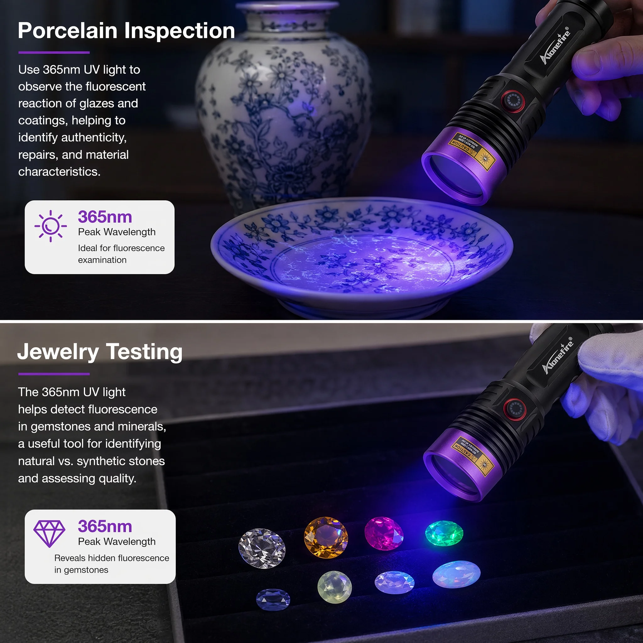 Alonefire 20W LED 365nm/395nm UV-Schwarzlicht-Taschenlampe USB-Aufladbar für Haustierflecken, Tinea, Geld, Erze, Edelsteine, Jade, Skorpione – Detail 5