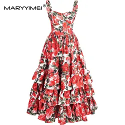 MARYYIMEI Fashion Designer dress Summer Women's Spaghetti strap Backless Floral Print Cascading Ruffle Beach Dresses