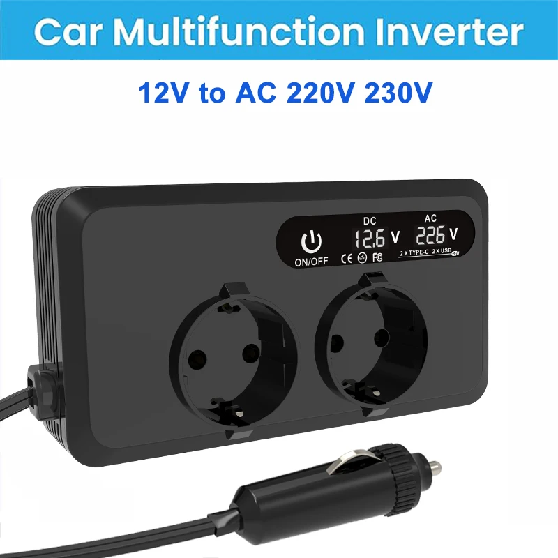 

Автомобильный инвертор-преобразователь 4 USB 200 Вт, DC 12В в AC 220В/230В, с быстрой зарядкой, для прикуривателя, с креплением, розетка EU