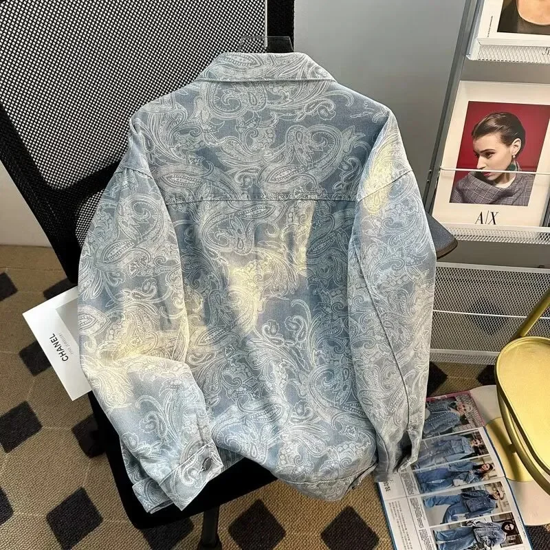 2025 New Workwear letter jacket jacquard casual new denim cool shirt men's loose lapel jacket Women Korean Version Lazy Wind