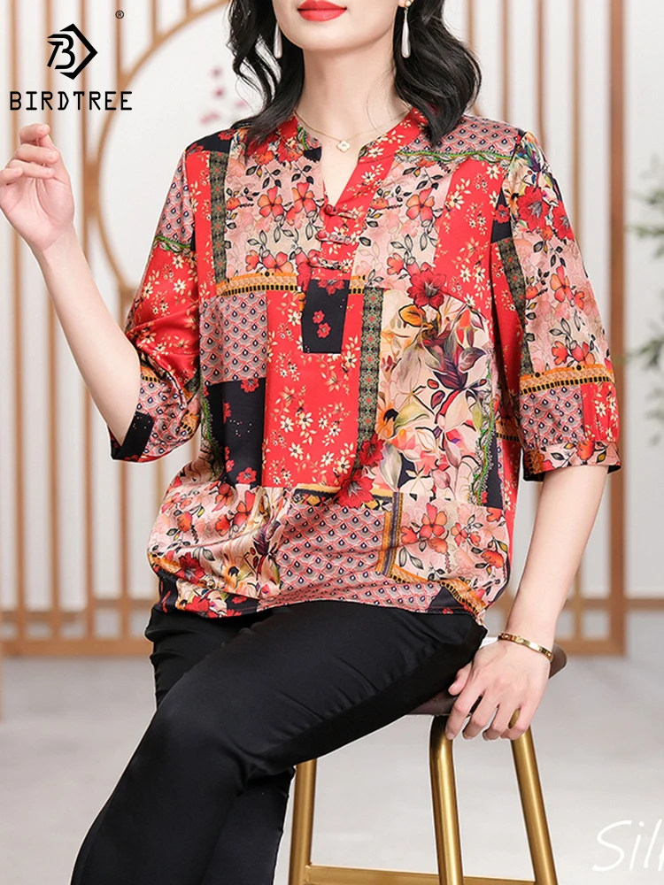 BirdTree 90%Real Silk Plus Size Shirt Women,V-Neck Half Neck Retro Floral,Versatile Temperament Blouse,2024 Spring New T42345QD