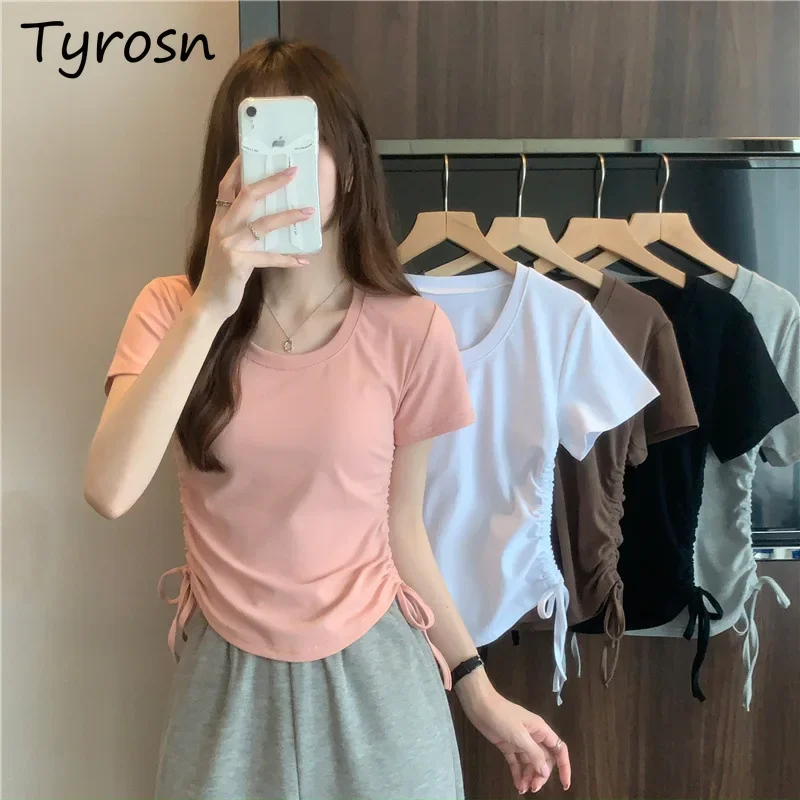 

T-shirts for Women Casual Vintage Shirring Short Sleeve Solid Sporty Summer All-match American Style College Clothing Simple Fit