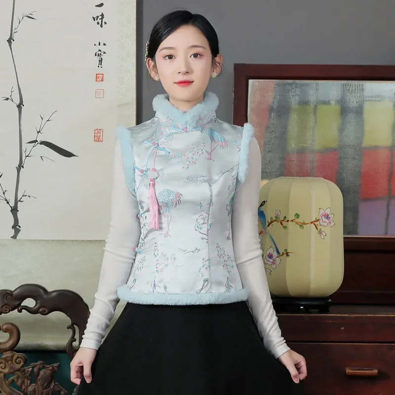 Chinese Style Sleeveless Jacket Women Stand Collar Vest Vintage Autumn Winter National Style Waistcoat Traditional Clothing New