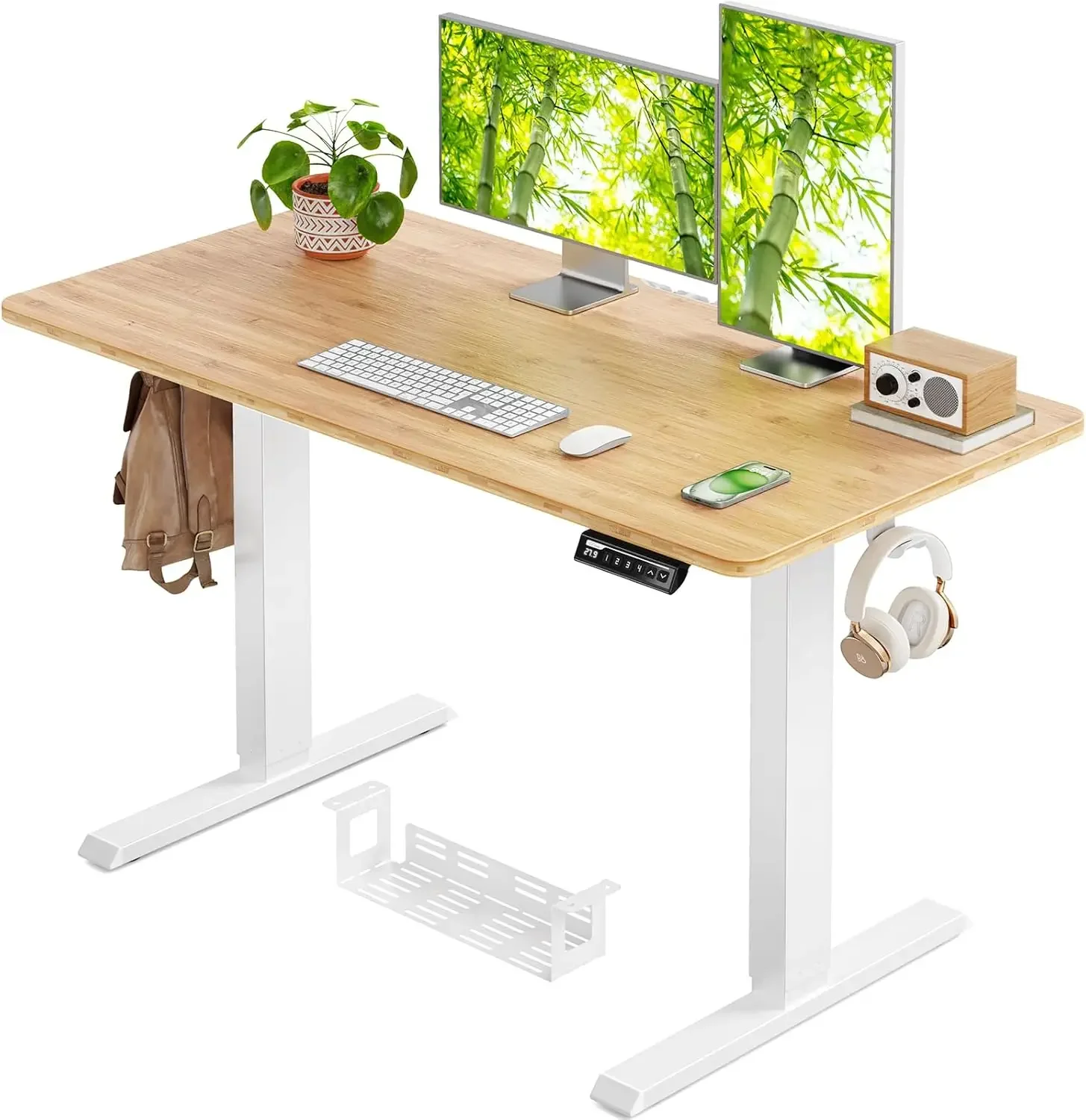 Whole Piece Standing Desk with Bamboo Desktop, Adjustable Stand Up Desk for Home Office, Electric Computer Desk