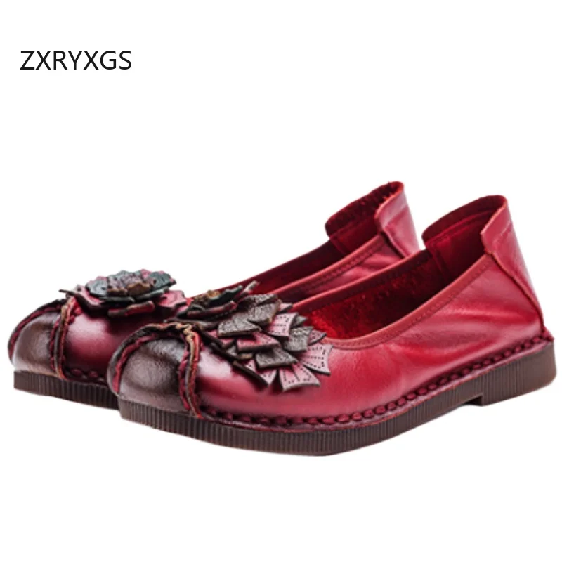 ZXRYXGS Retro Style Spell Color Classic Flowers Shoes Flat Soft Sole Comfortable Women's Genuine Leather Shoes Trendy Flats 2026