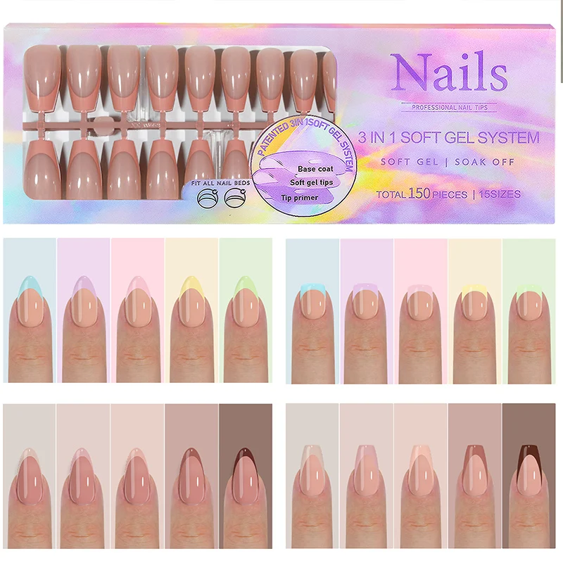 150pcs French Colore Armor 5 Colors Fake Nail Multi-size False Nail Press Acrylic Nail Almond Wearing Armor Removable Convenient