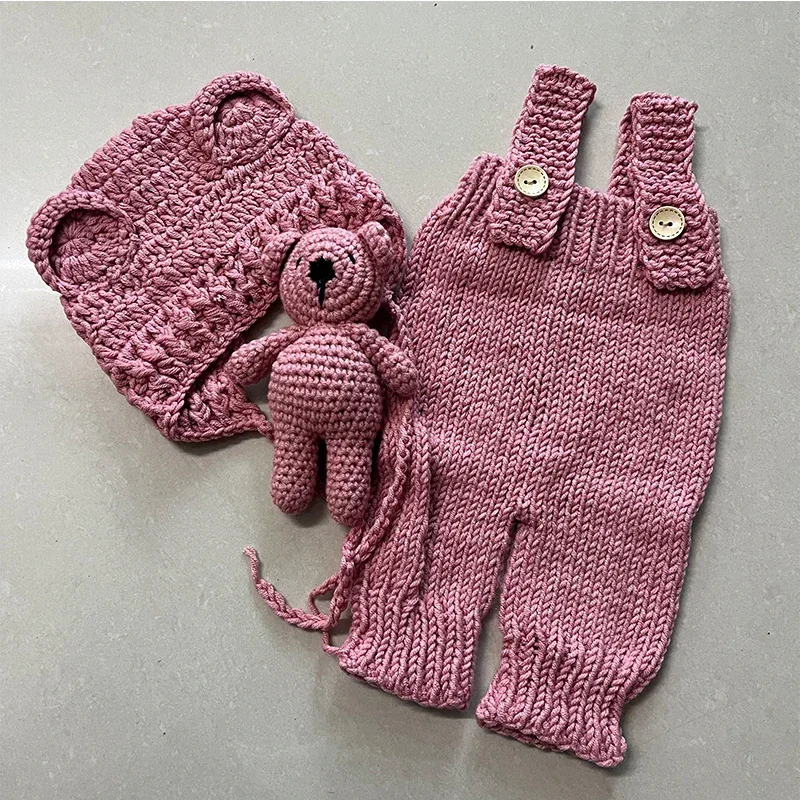 Baby Bear Costumes Newborn Photography Clothing Hand Knitting Bear Hat and Romper Bear Dolls Decor Props Baby Photoshoot Outfits