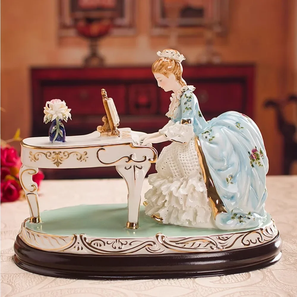 High-end luxury European ornaments, porcelain dolls, living room, hative ceramic figures, playing piano