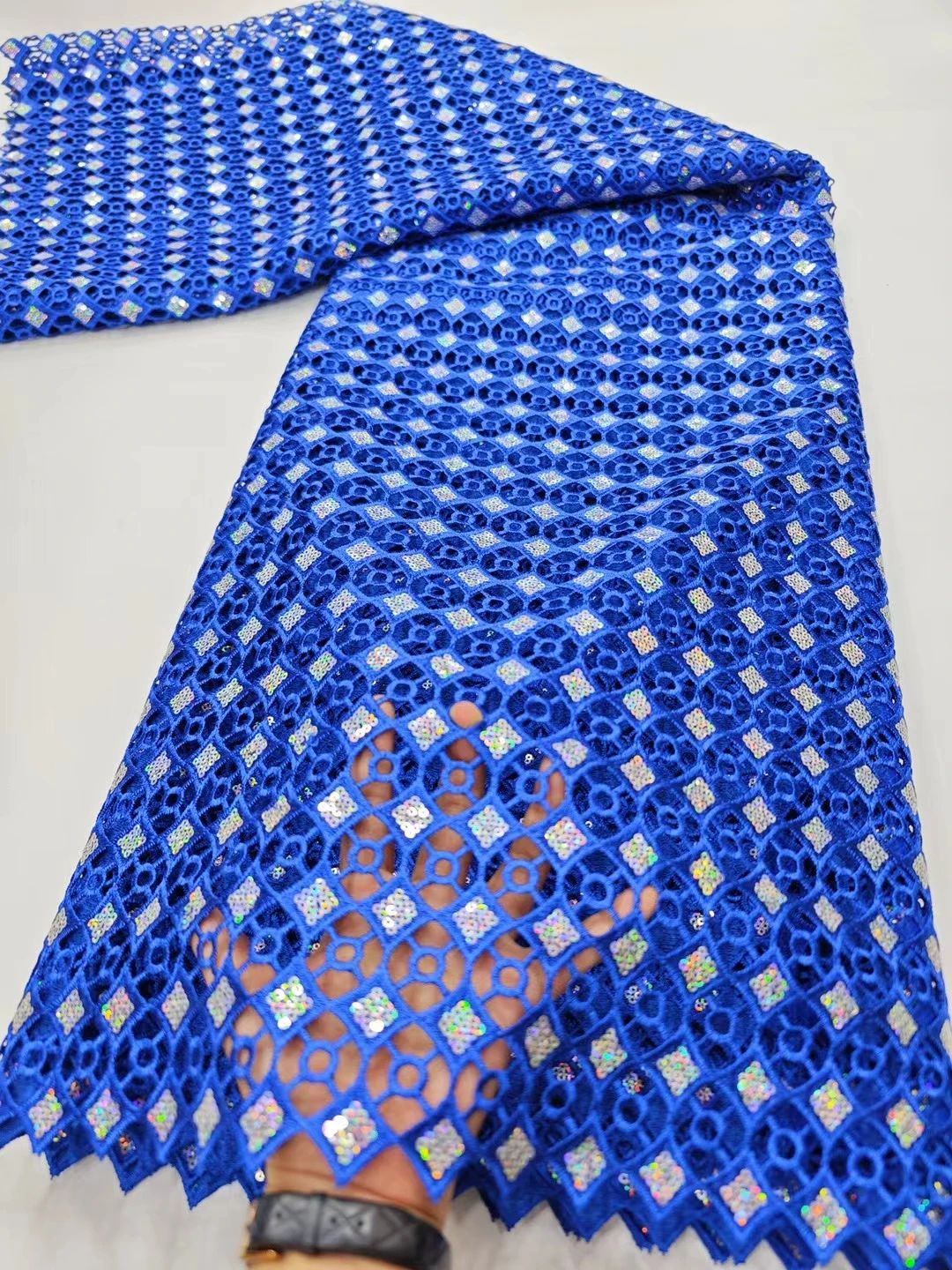 

Blue African Cord Lace Fabric With Colorful Sequins 2023 High Quality Nigeria Water Soluble Lace Fabric For Party Dress KHD23185