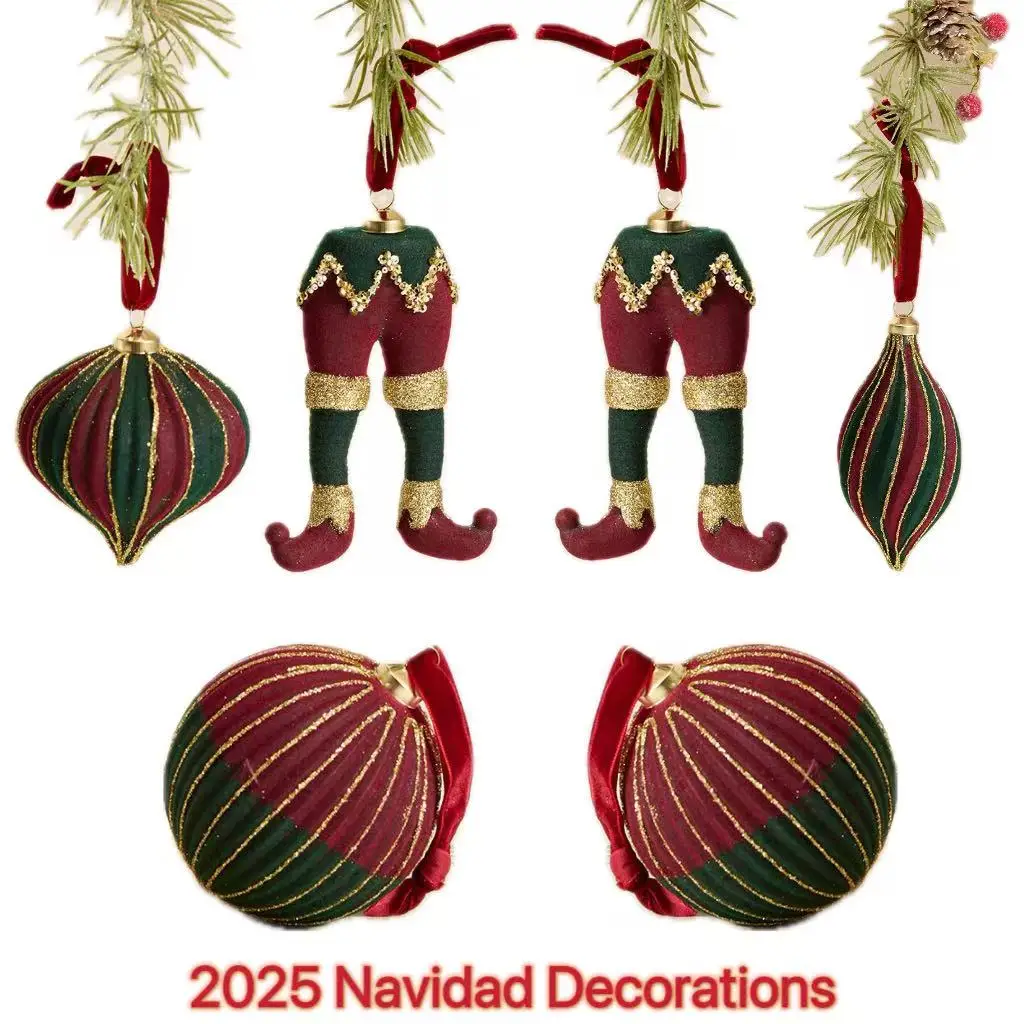 

New Flocking Red Green Christmas Ball Decorations Handmade PVC Metal Home Office Ornaments for Navidad Trees Pendants New Year