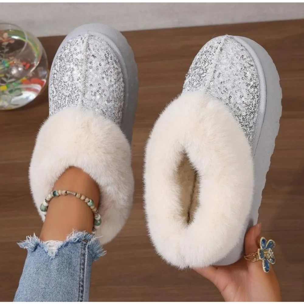 Soft Fur Women\'s Shoes Platform All-Match Round Toe Crystal Casual Female Sneakers Clogs Moccasin New Glitter Winter Snow Boots