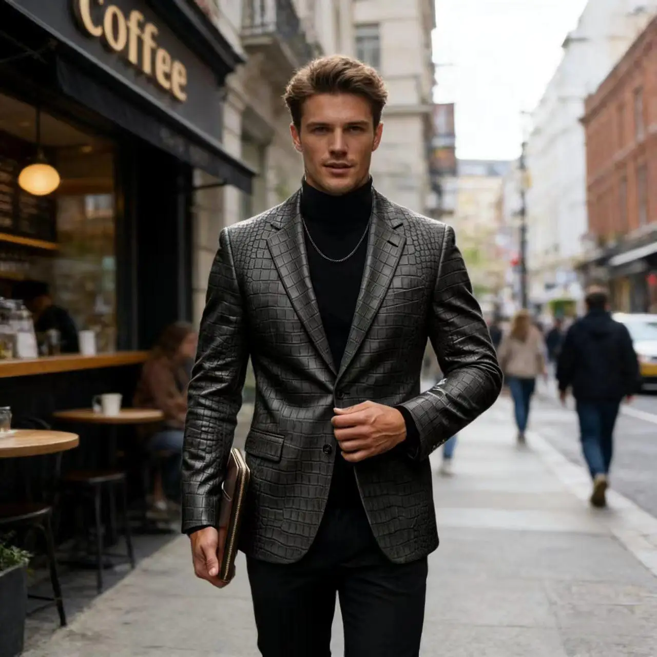 

Мужской кожаный пиджак с тиснением под крокодила, в британском винтажном стиле, с вырезанными лацканами, приталенный, деловой, на двух пуговицах, с накладными карманами