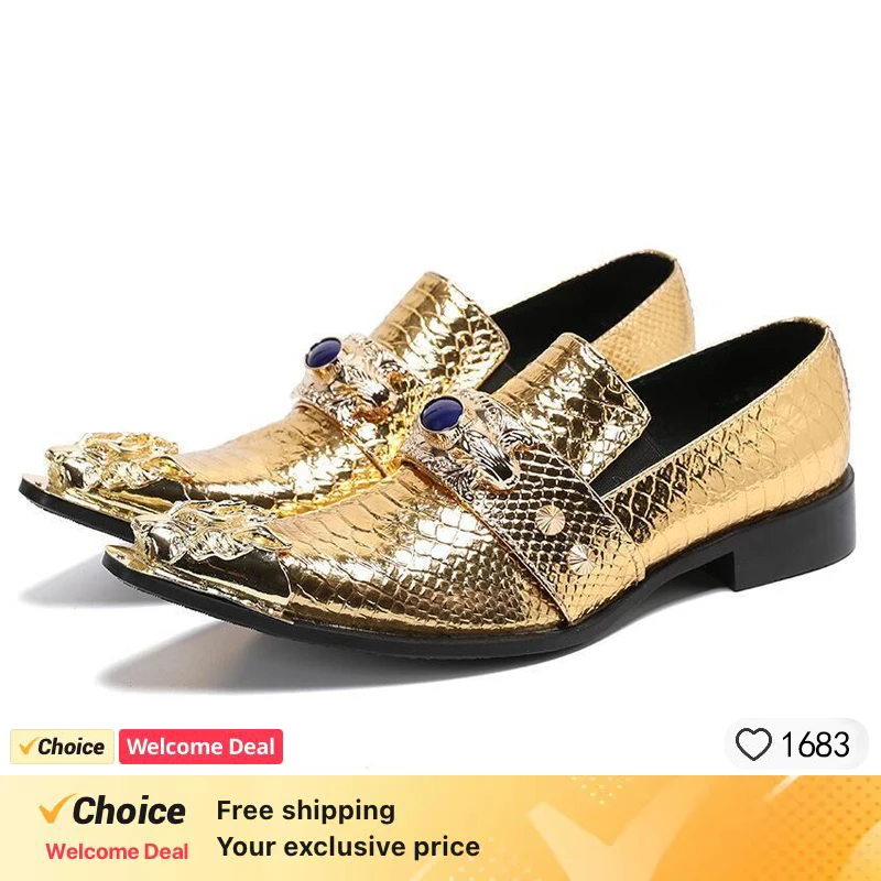 Metal Rhinestone Decor Pointed Toe Casual Shoes Block Heeled Genuine Leather Silver Mixed Colors Men‘s Loafers Slip On Newest