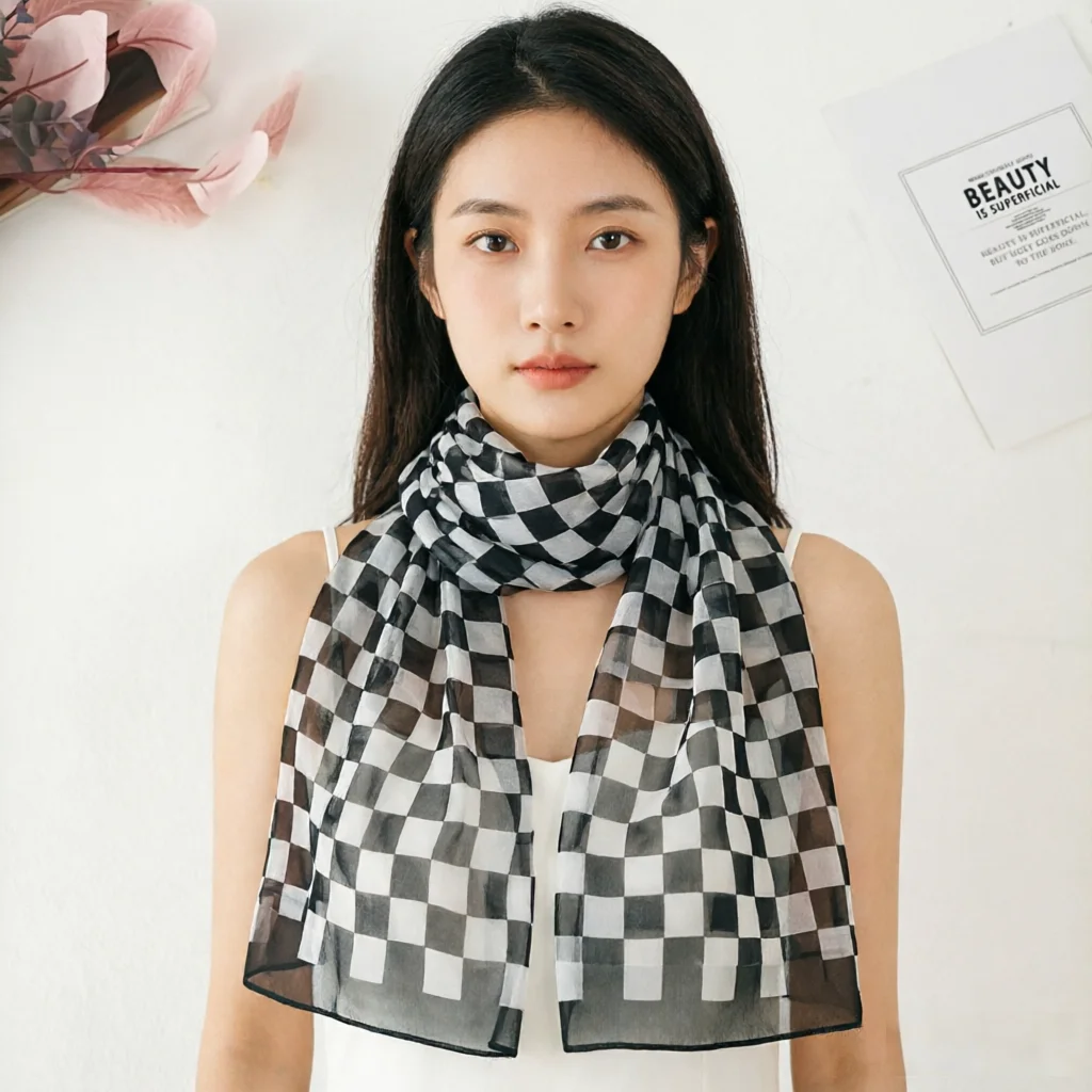 

160x50cm Checkerboard Chiffon Scarf for Women – Lightweight Silky Georgette Shawl, Sun Protection & Fashion Wrap, All-Season