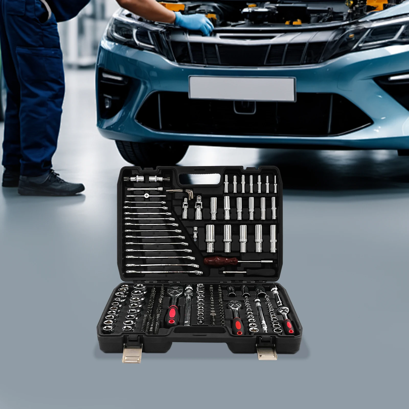 Zestaw kluczy nasadowych z grzechotką, stalowy, czarno-czerwony, 216 elementów, prostokątny, do narzędzi stolarskich, budowlanych