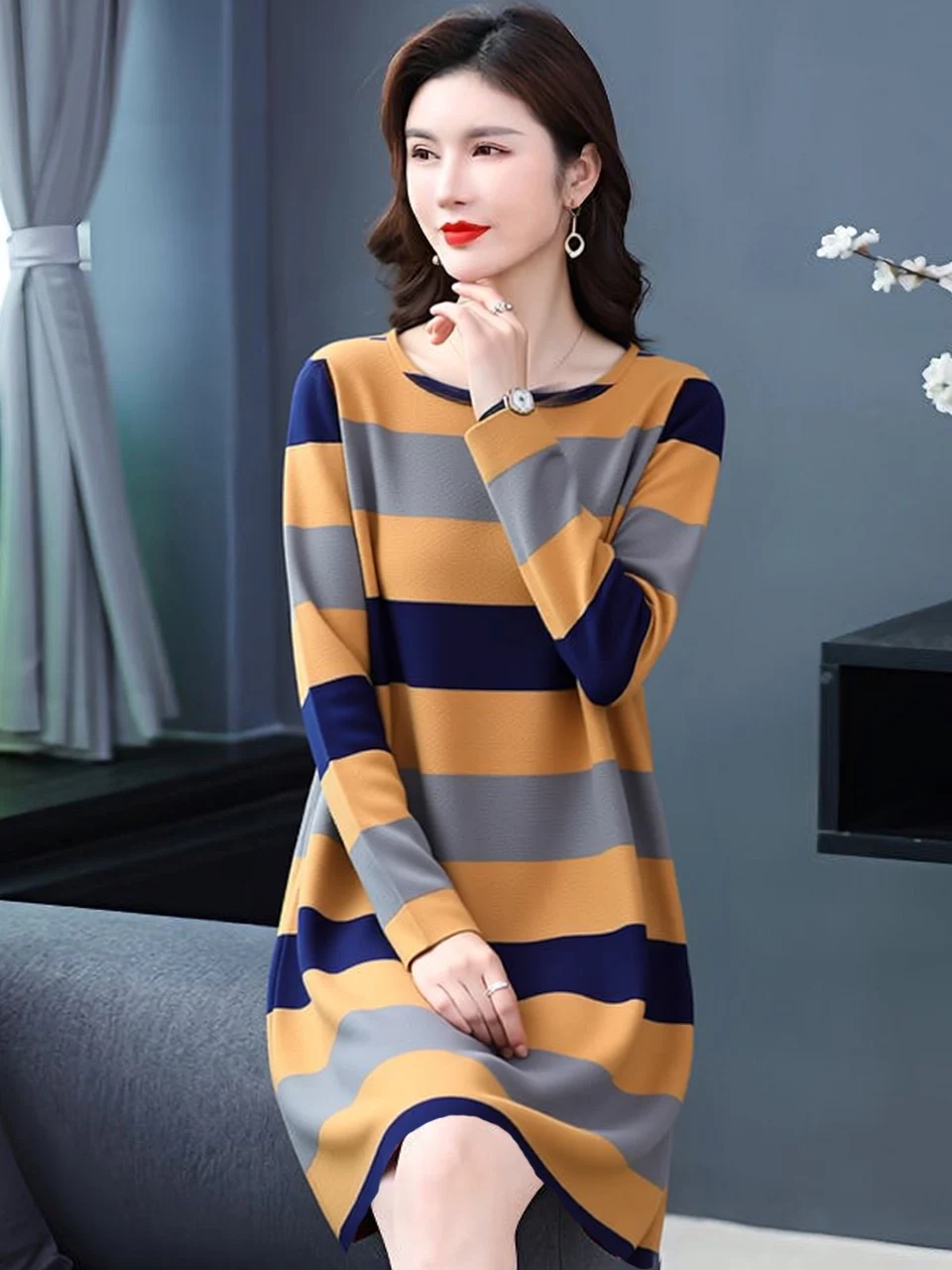 

Платье миди с длинным рукавом в полоску для похудения, с круглым вырезом, для беременных, повседневный стиль, из тонкого полиэстера, женское платье