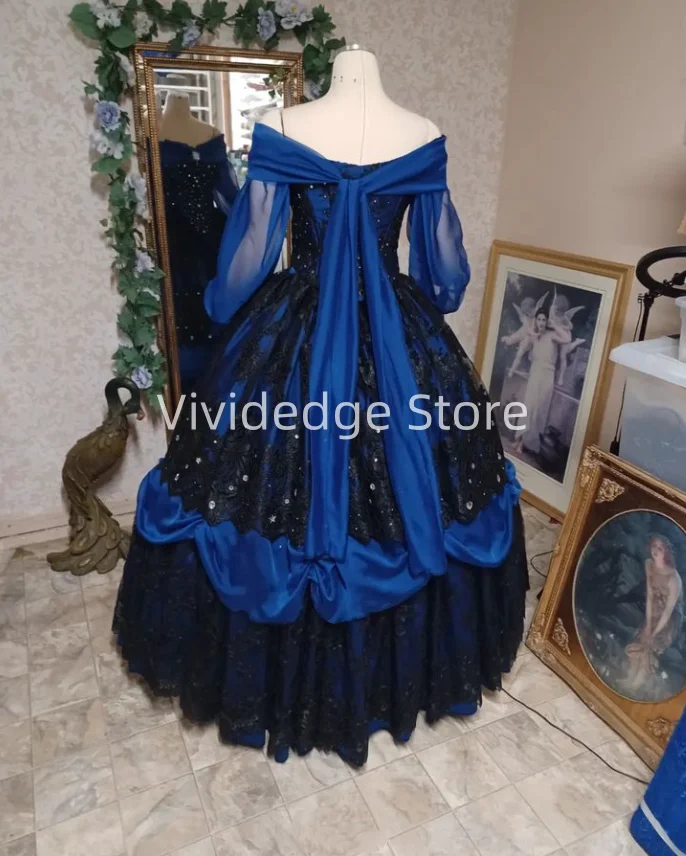 Black Blue Prom Dress Starry Night Gothic gown Victorian Fairytale Belle Evening Gowns vestidos de fiestas elegantes mujer