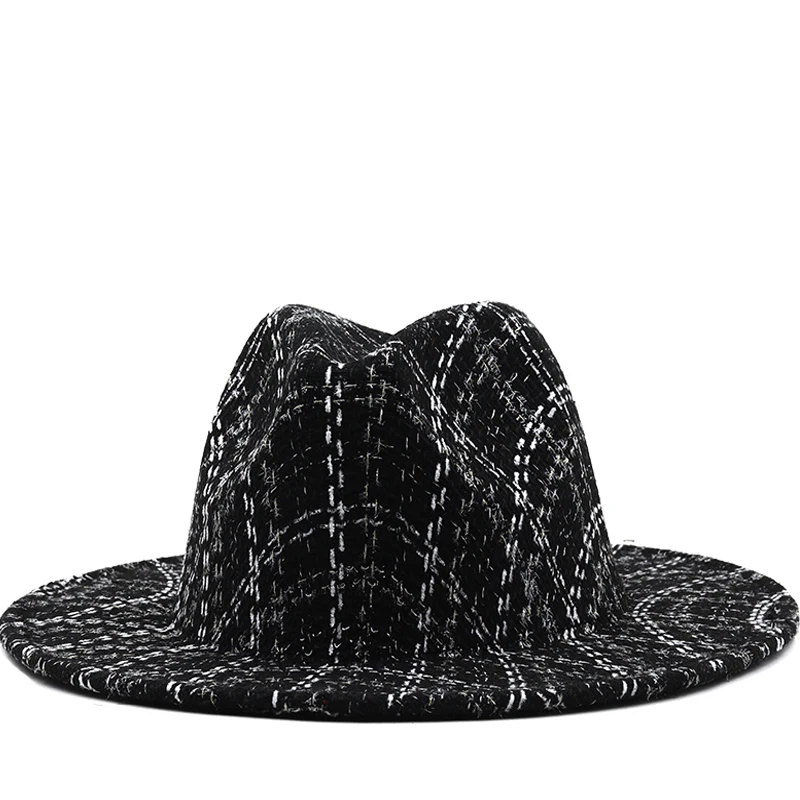 Black/white lattice Wide Brim Simple Church Derby Top Hat Panama Solid Felt Fedoras Hat for Men Women  wool Blend Jazz Cap