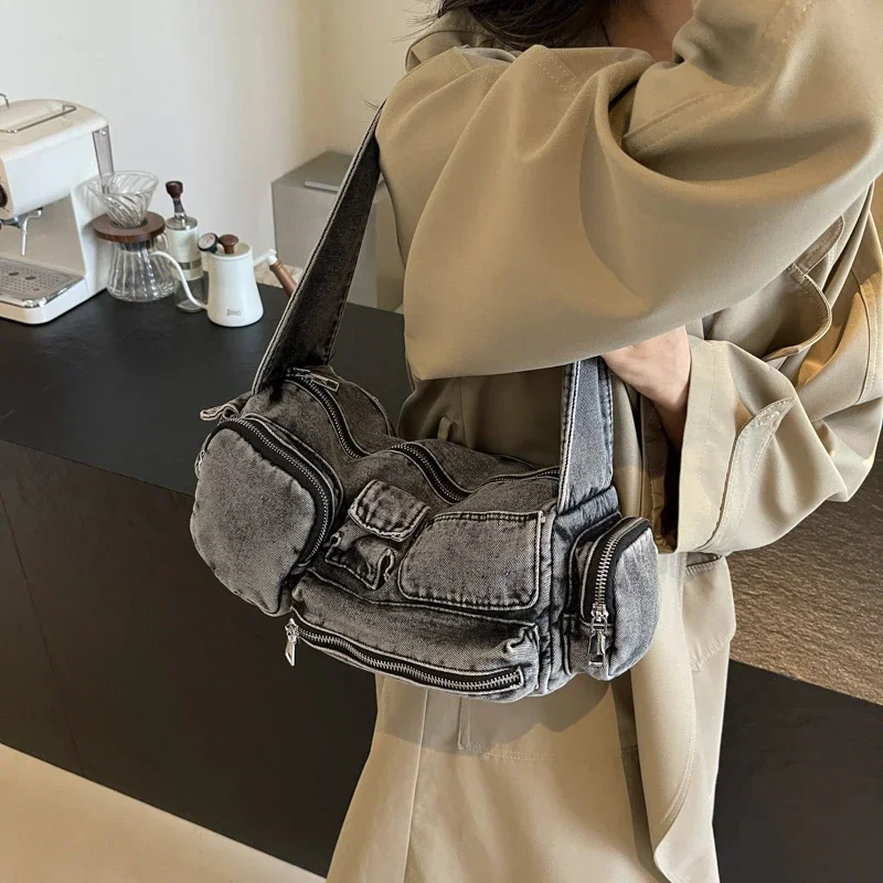 LEFTSIDE Design Small Double Pocket Cloth Shoulder Bag for Women 2024 Winter Trend Fashion Y2K New Crossbody Bags Handbags