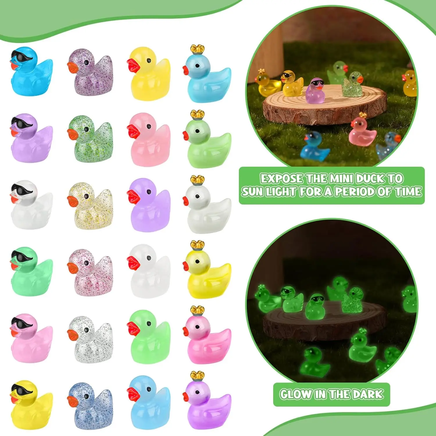 50Pcs Luminous Crown Small Ducks Glowing Mini Resin Ducks Animals Figurine Model Fairy Garden Ornament Home Decorations Crafts