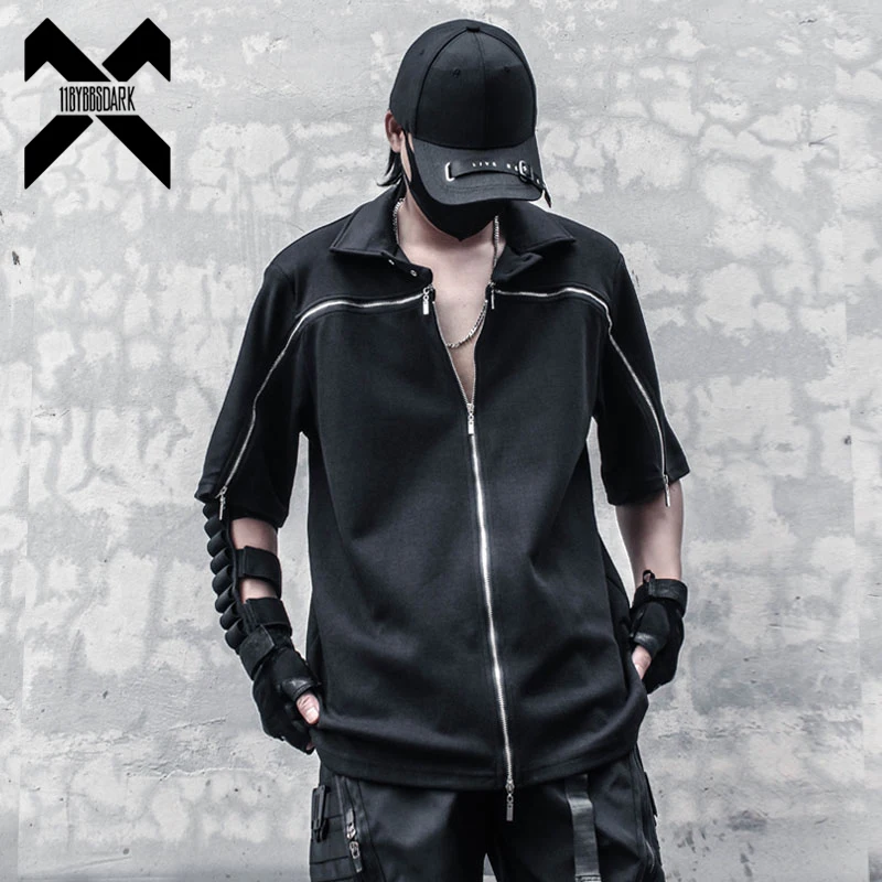 Men Dark Function Zipper Design Shirts 2023 Summer Short Sleeve Punk Gothic Shirt Coat Loose Harajuku Tops Black