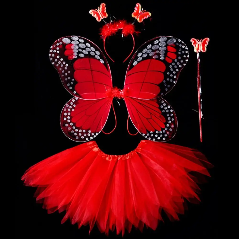 Adult Kids 3/4Pcs Fairy Costume Set Simulation Butterfly Wings Pointed Tutu Skirt Headband Wand Party Dress Up Halloween Gift