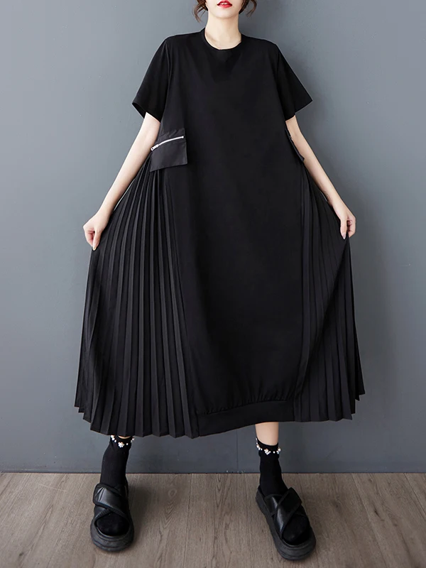 Coreano Sle rotondo Ne Loose Zipper Splice ort Sve Dr Donna Vintage A-Line Midi Dr Primavera Estate Autunno