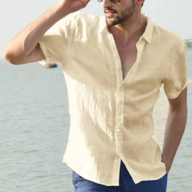 New Casual Loose Men\'s Shirt Summer Beach Holiday Solid Color Lapel Cardigan Breathable Short Sleeve Tops