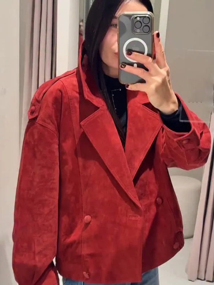 

HH Woman Fashion Winter Turn-down Collar Long Sleeves Double-Breasted Pocket Decoration Jackets Female Loose Casual Suede Coat