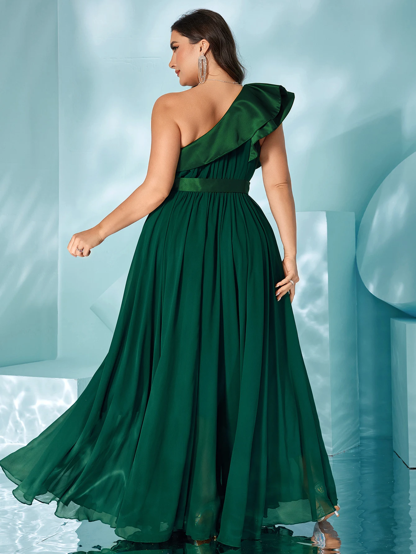 Unithorse Plus Women's Satin Patchwork Chiffon One Shoulder Elegant Dark Green Formal Dress