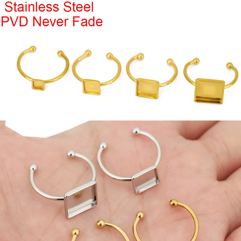 5pcs Square Stainless Steel Ring Settings Tray Adjustable 4 6 8 10 mm PVD Never Fade Cabochon Cameo Base For Jewelry Findings