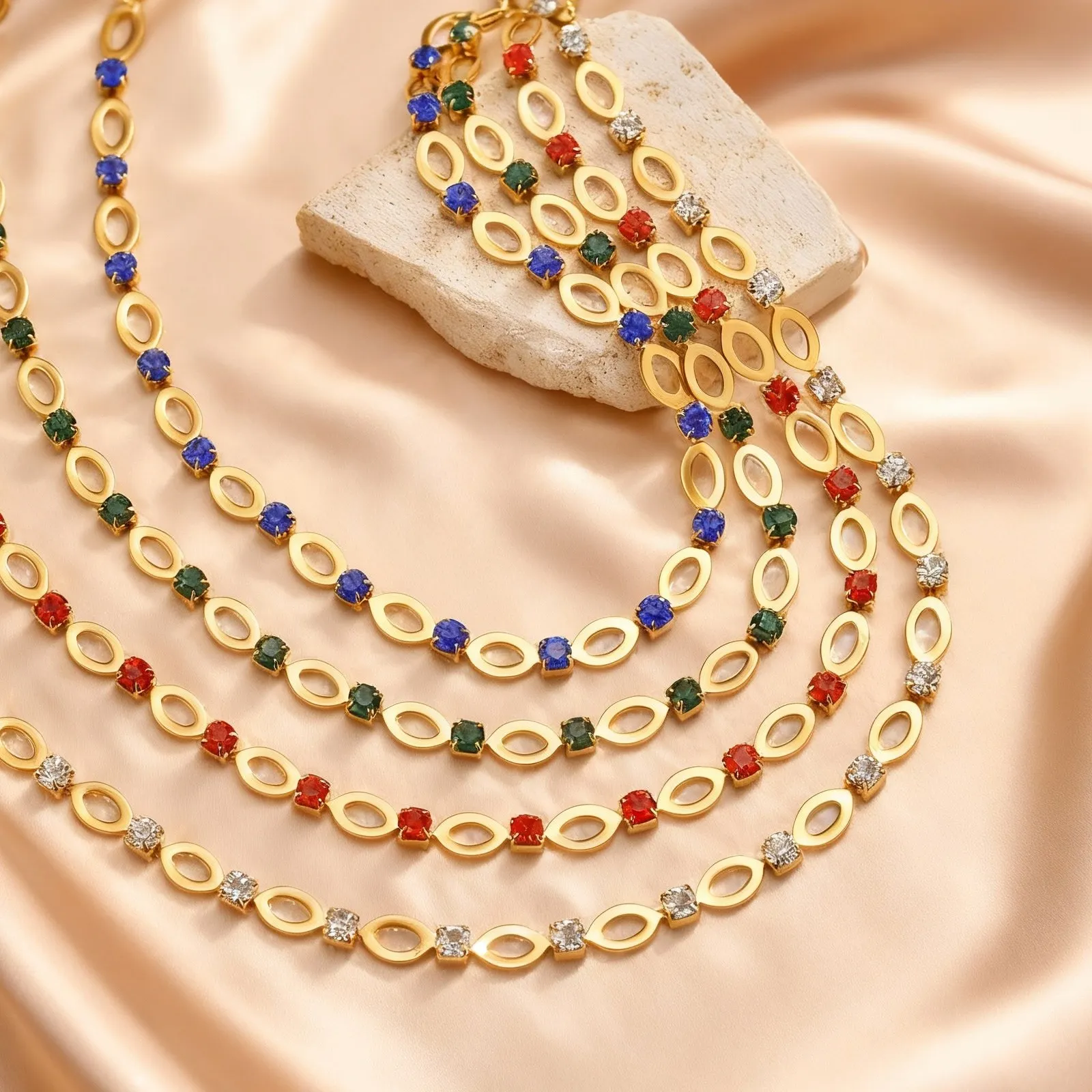 Hohle ovale Halskette aus Edelstahl für Damen, blau/grün/rot, Zirkon, verstellbare Kette, böhmischer Statement-Schmuck, Geschenke – Detail 8