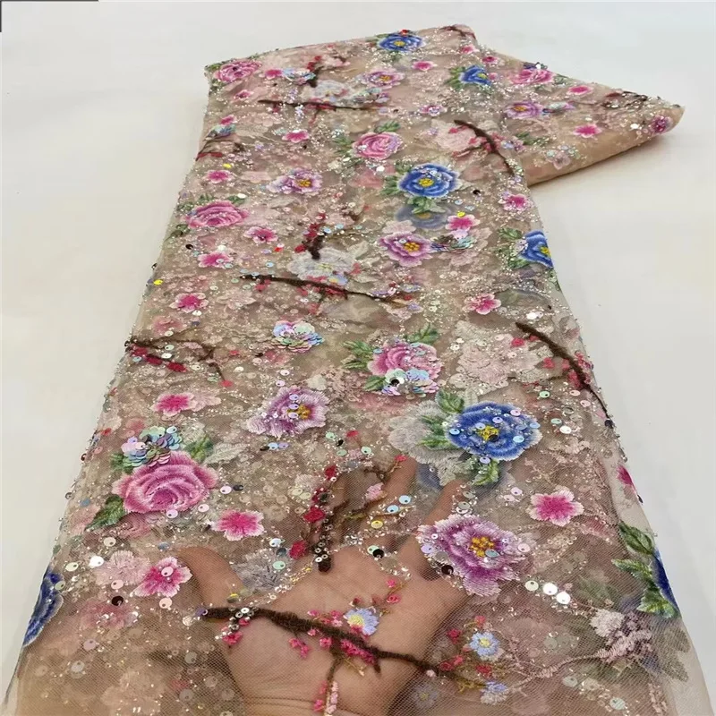 

Luxury Embroidery Lace Fabric 2026 Exquisite Multi Color Sequin Beaded African Tulle Fabrics For Prom Evening Dress
