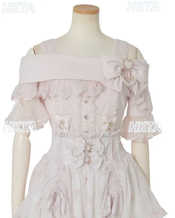 ليز الحلو القوس الكبير التخسيس حزام خارج الكتف التي شيرت فتاة اليابانية لوليتا لطيف الثقيلة الدانتيل المرقعة محبوك تي شيرت السيدات