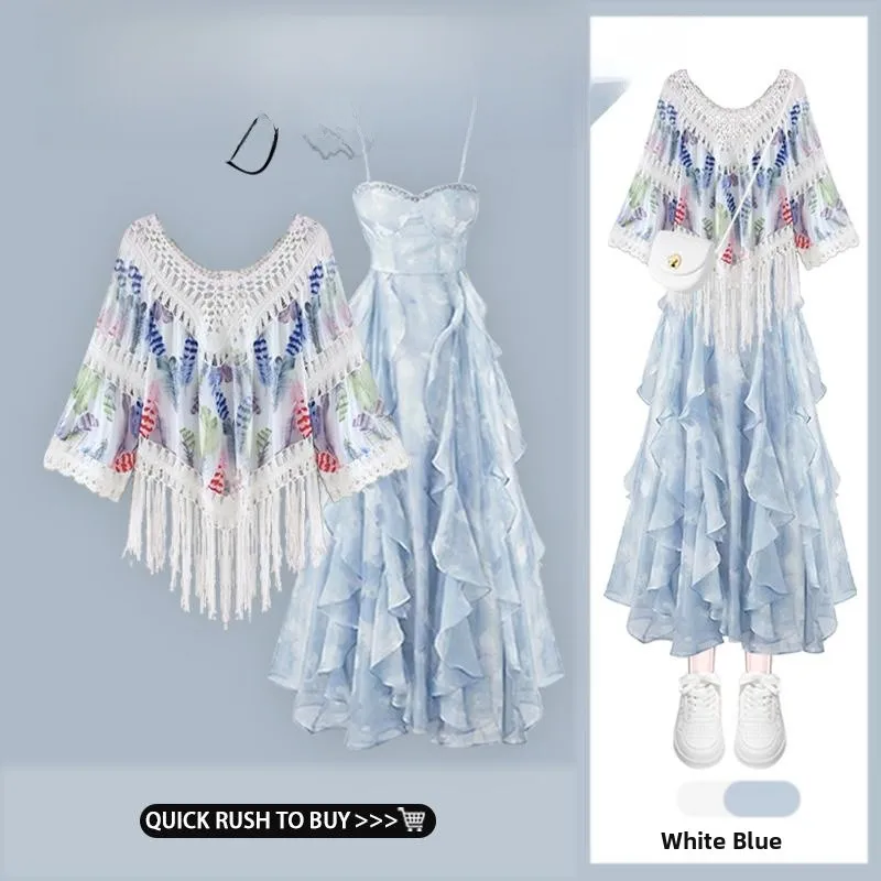 

Blue Bohemian Style Women's Dress Set Strapless Gypsy Ethnic Tassel Cover up Outfit Spring Fashion Two-Piece Ensemble