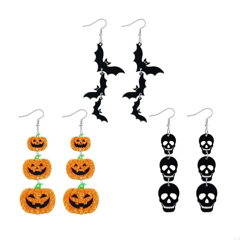 95AB Halloween Themed Drop Earrings With Triple Skull Bat Design Acrylic Ear Dangle Jewelry For Gothic Outfits