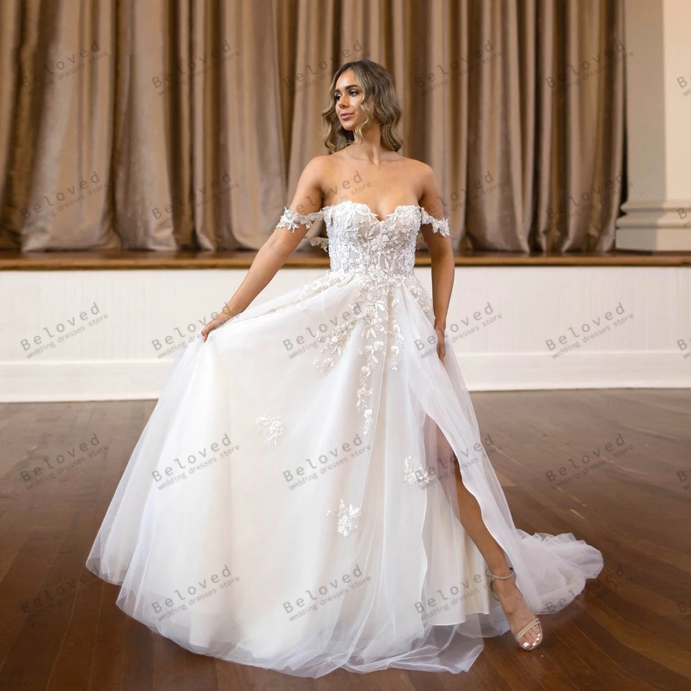 Exquisitos Vestidos De Novia Línea A, Vestidos De Novia con Apliques De encaje, batas hasta el suelo con hombros descubiertos, Vestidos De Novia personalizados