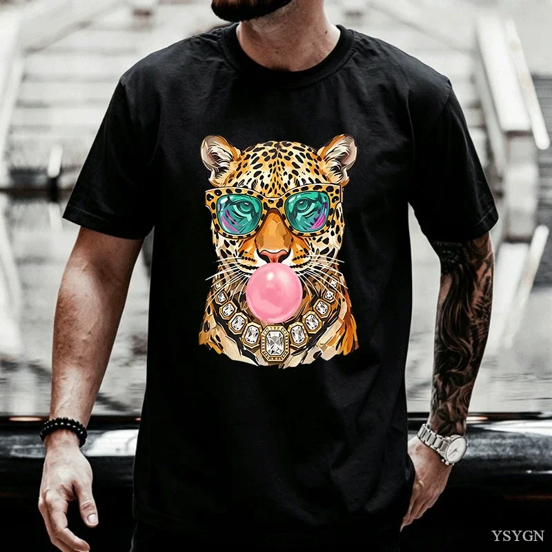 Trendy Leopard Men T Shirt Bubblegum Sunglasses Big Cat Graphic T Shirts Retro Animal Printed T-Shirt Cotton Short Sleeve Tops